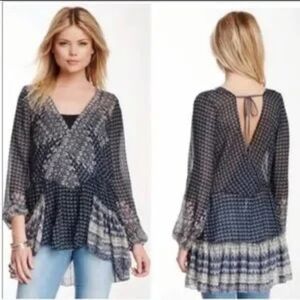 Free People Into The Mystic Navy and Blue Patterned Blouse